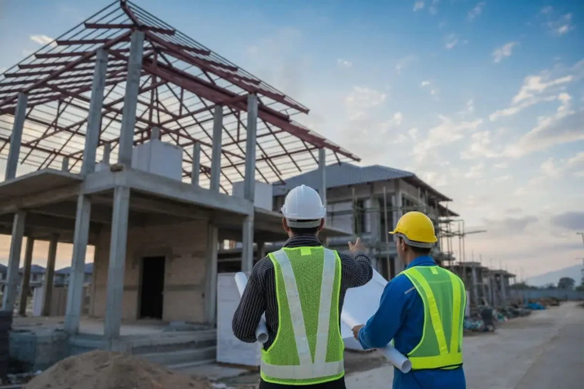 Türkiye şantiyesinde beyaz ve sarı baret takmış iki inşaat mühendisi, yarı tamamlanmış çelik çatılı betonarme yapının önünde durup çizimleri ve projeyi inceliyor; güneşli öğleden sonra saha sahnesi