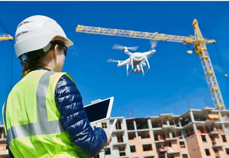 Şantiye sahasında köpekbalığı tipi drone uçururken tablet bilgisayar tutan kadın inşaat mühendisi; arka planda çok katlı betonarme yapı iskeleti ve sarı vinç, mavi gökyüzü