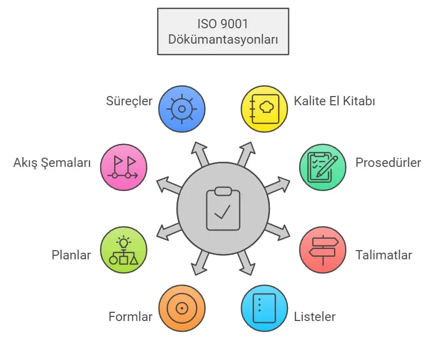 ISO 9001 Dökümantasyonları dairesel diyagram: merkez pano ikonunun çevresinde Süreçler (mavi dişli), Kalite El Kitabı (sarı kitap), Prosedürler (yeşil form), Talimatlar (kırmızı yön tabelası), Listeler (mavi liste defteri), Formlar (turuncu), Planlar (yeşil ağaç şeması), Akış Şemaları (pembe müzik nota-şema) sekiz ikonlu renkli diyagram