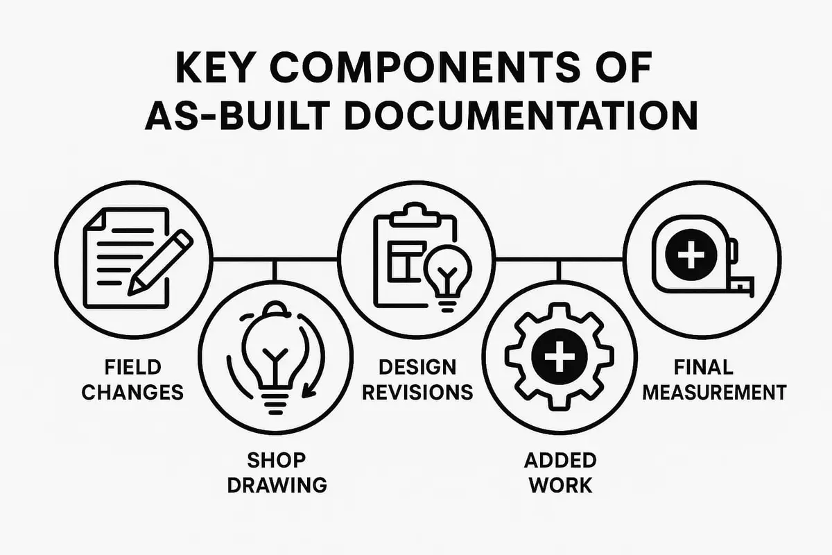 As-built dokümantasyonunun beş temel bileşenini gösteren infografik: Field Changes (saha değişiklikleri), Shop Drawing (atölye çizimi), Design Revisions (tasarım revizyonları), Added Work (eklenen işler), Final Measurement (son ölçüm) — her biri daire içi ikon ile gösterilmiş
