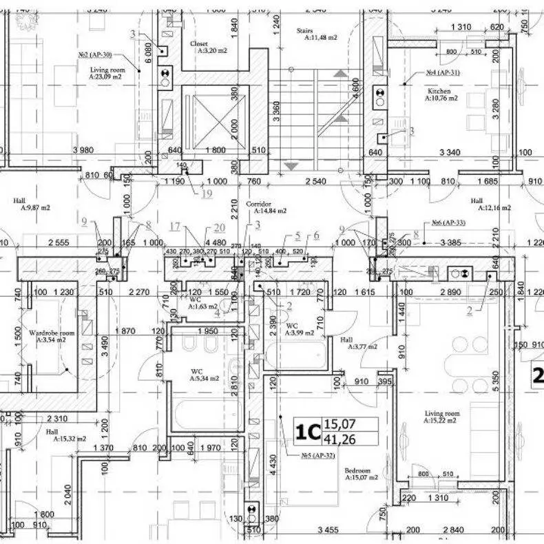 Konut binası kat planı as-built çizimi; oda boyutları, kapı ve pencere konumları, merdiven boşluğu, koridor ve depo alanları milimetrik ölçüler ile işlenmiş; 1C tipi daire (15,07 m²) ve 2 No'lu aks gösterilmiş
