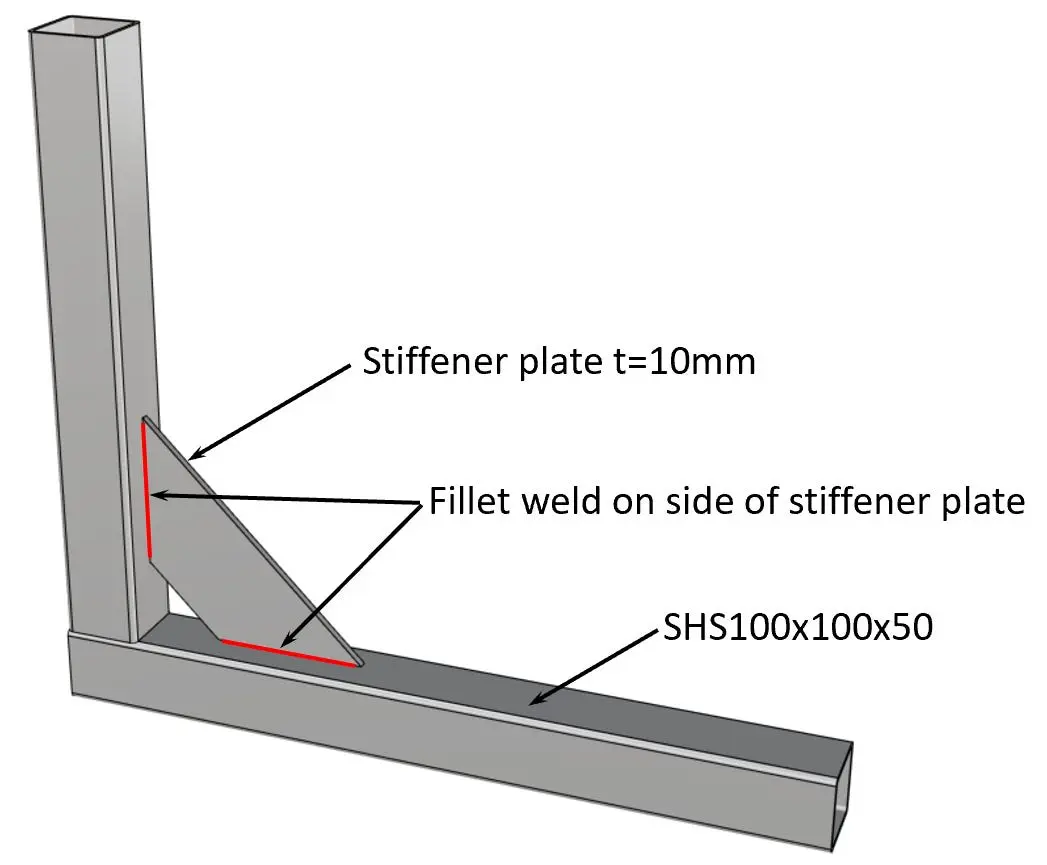 Köşe kaynağı ve rijitleştirici levha bağlantı detayı 3D CAD modeli — SHS100x100x50 profil, stiffener plate t=10mm ve fillet weld konumları kırmızı ile işaretlenmiş
