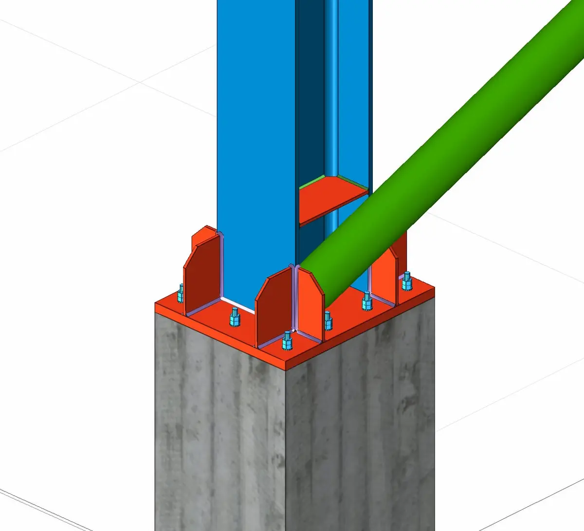 Ankastre kolon ayağı 3D CAD modeli — I-profil çelik kolon (mavi), rijitleştirici levhalar ve gusset plateler (kırmızı/turuncu), ankraj somunları (açık mavi) ve beton temel (gri), çapraz çelik bağlantı (yeşil)