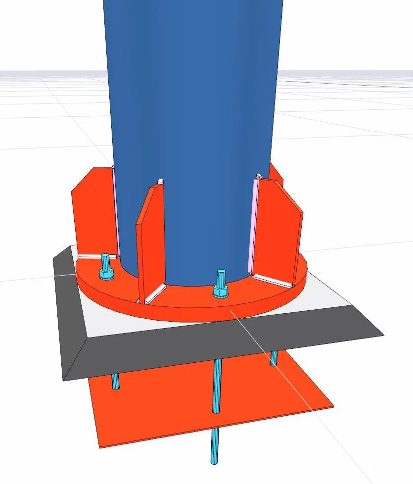Yuvarlak profil kolon taban levhası 3D CAD modeli — dairesel taban levhası, rijitleştirici levhalar, ankraj bulonları ve grout tabakası katmanları gösterilmiş