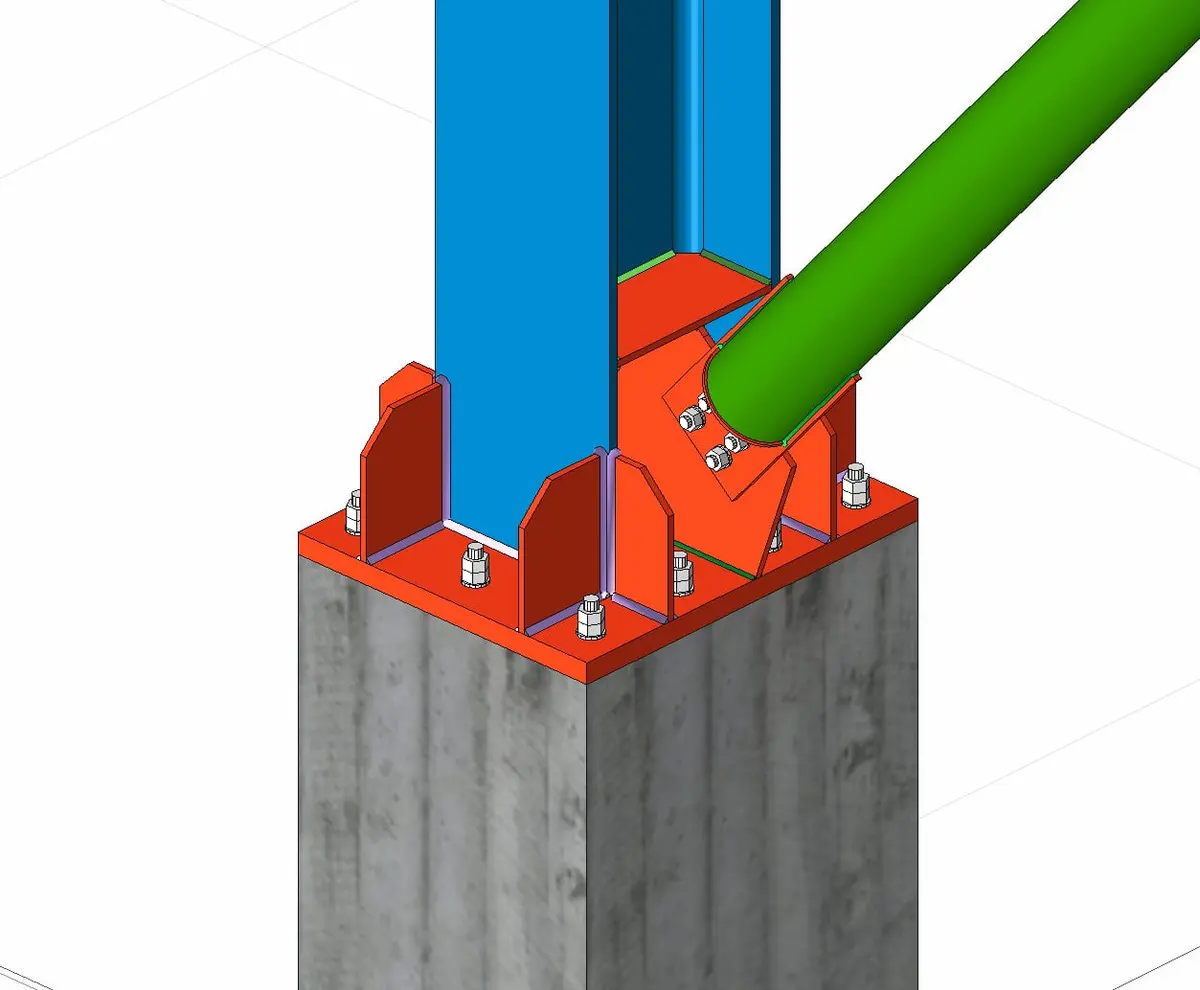 Ankastre kolon ayağı yakın plan 3D CAD modeli — I-profil, köşe gusset levhalar, ankraj bulonu somunları, çapraz bağlantı birleşim noktası detayı