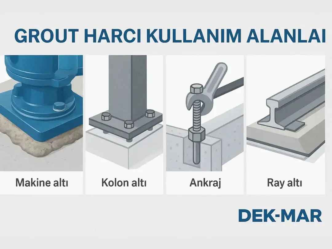 Grout harcı kullanım alanları infografik — makine altı, kolon altı, ankraj ve ray altı uygulamaları dört panelde gösterilmiş