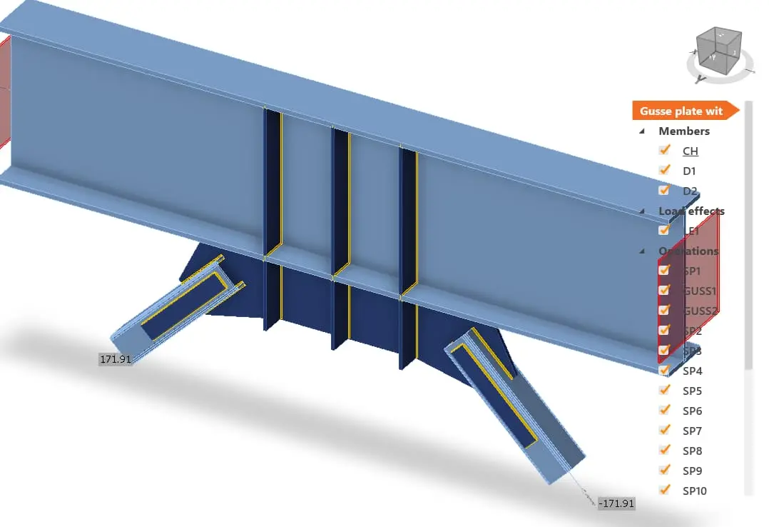 Gusset plate yazılım modeli — kirişe bağlı iki çapraz çubuk gusset plaka bağlantıları, rijitleştirici levhalar ve yük değerleri gösterilmiş (±171.91 kN)
