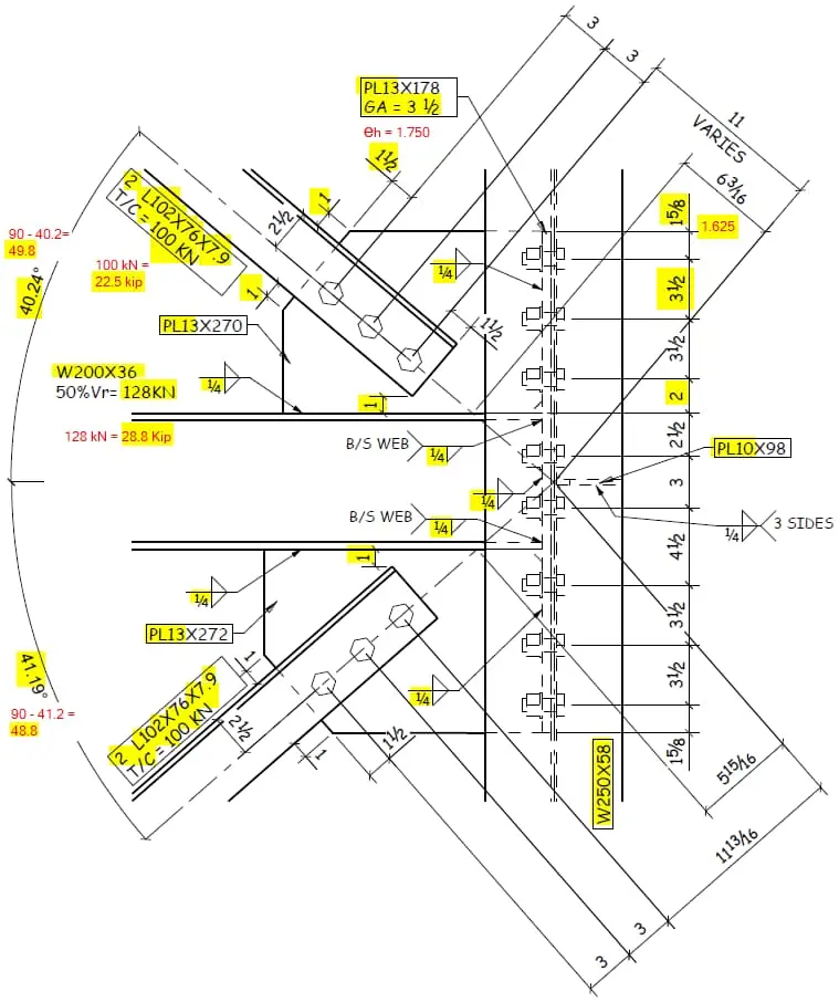 Gusset plate detaylı mühendislik çizimi — PL13x178, PL10x98, W200x36, PL13x270, PL13x272 boyutlu plakalar, kaynak sembolleri, 3/16 inch kaynak boyutu, yük değerleri 100kN ve 128kN