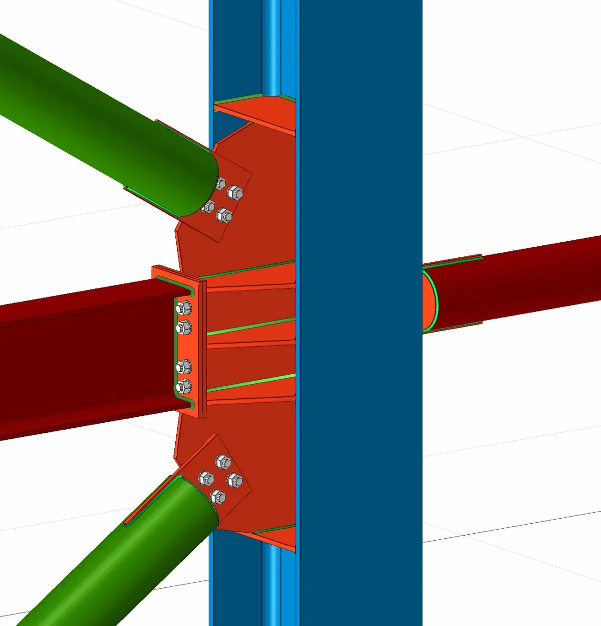 3B CAD modeli: alın levhası bağlantısı ile kirişlerin (kırmızı I-profil ve yeşil çaprazlar) mavi kolona bağlandığı tam dayanımlı moment çerçevesi düğüm noktası; bulon dizileri ve alın levhası (turuncu) açıkça görünmektedir
