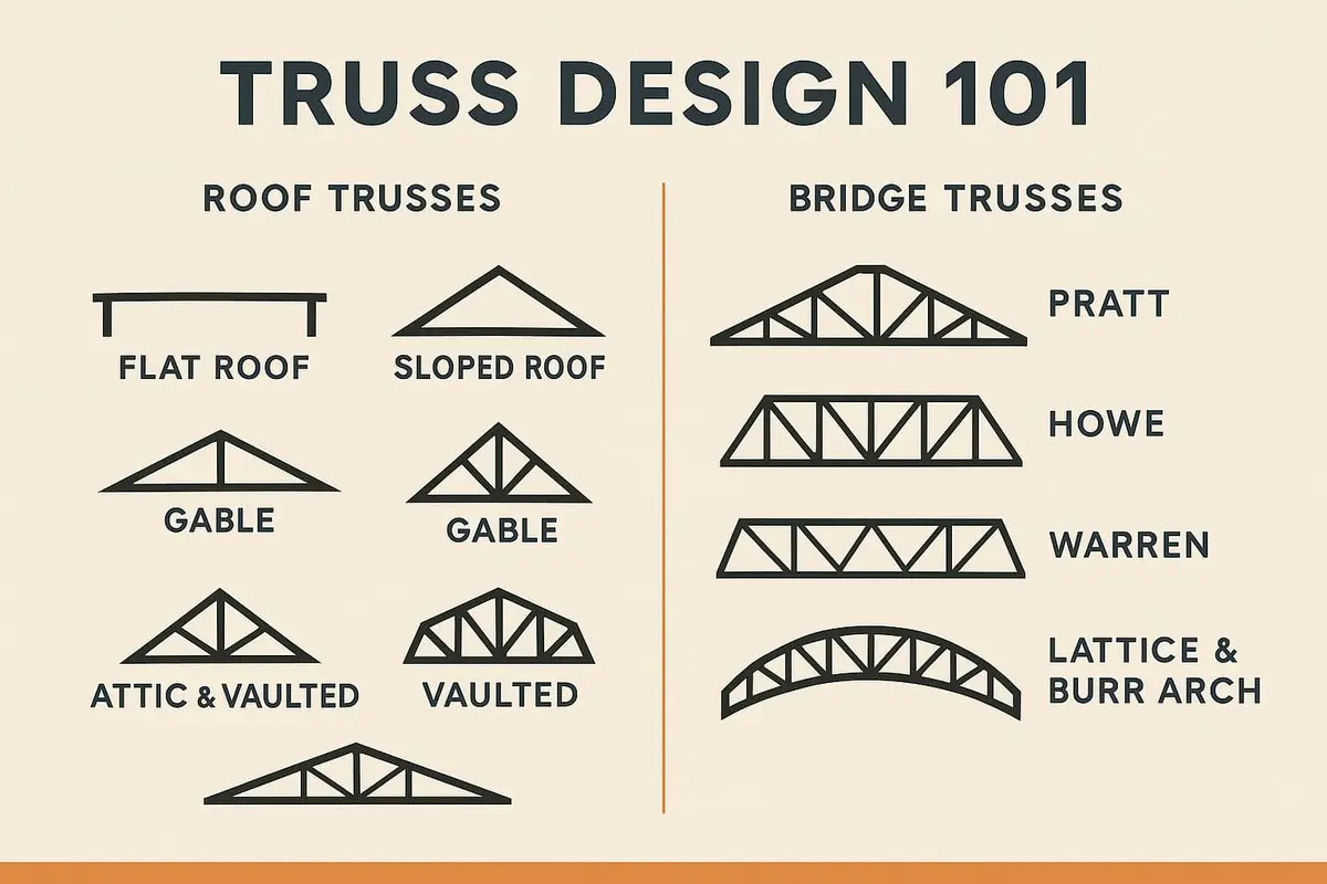 Truss Design 101 infografiği — düz çatı, eğimli, gable, fink çatı makası tipleri ve Pratt, Howe, Warren, Lattice köprü makası tipleri şematik gösterimi