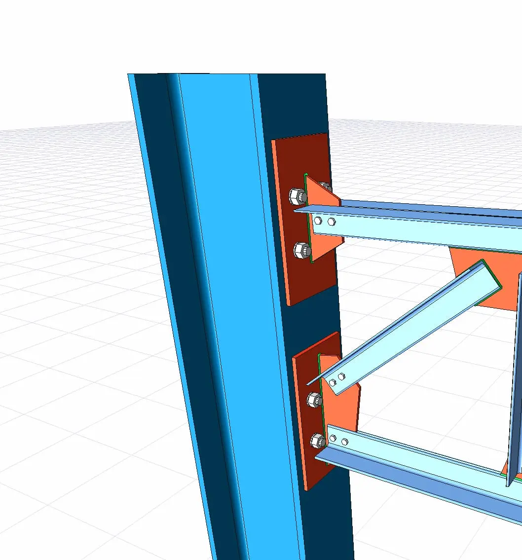 3D CAD modelinde çelik çatı makasının kolon bağlantısı: dikdörtgen SHS profiller gusset plakaya bulon bağlantısıyla birleştirilmiş, bağlantı detay görünümü