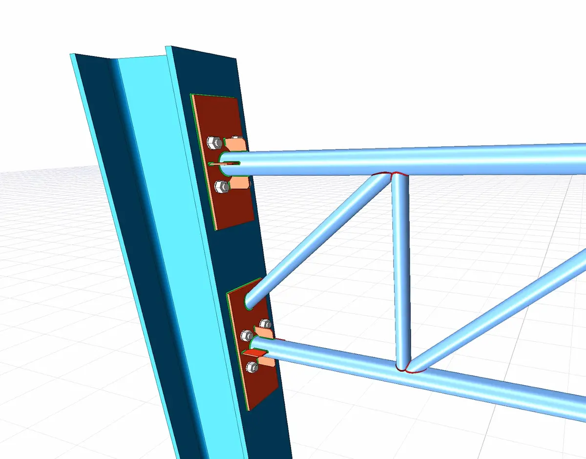 3D CAD modelinde RHS profil çatı makasının kolonla birleşimi: yuvarlak kesitli çapraz ve başlık elemanları gusset plaka üzerinden kolona bulon bağlantısıyla bağlanmış