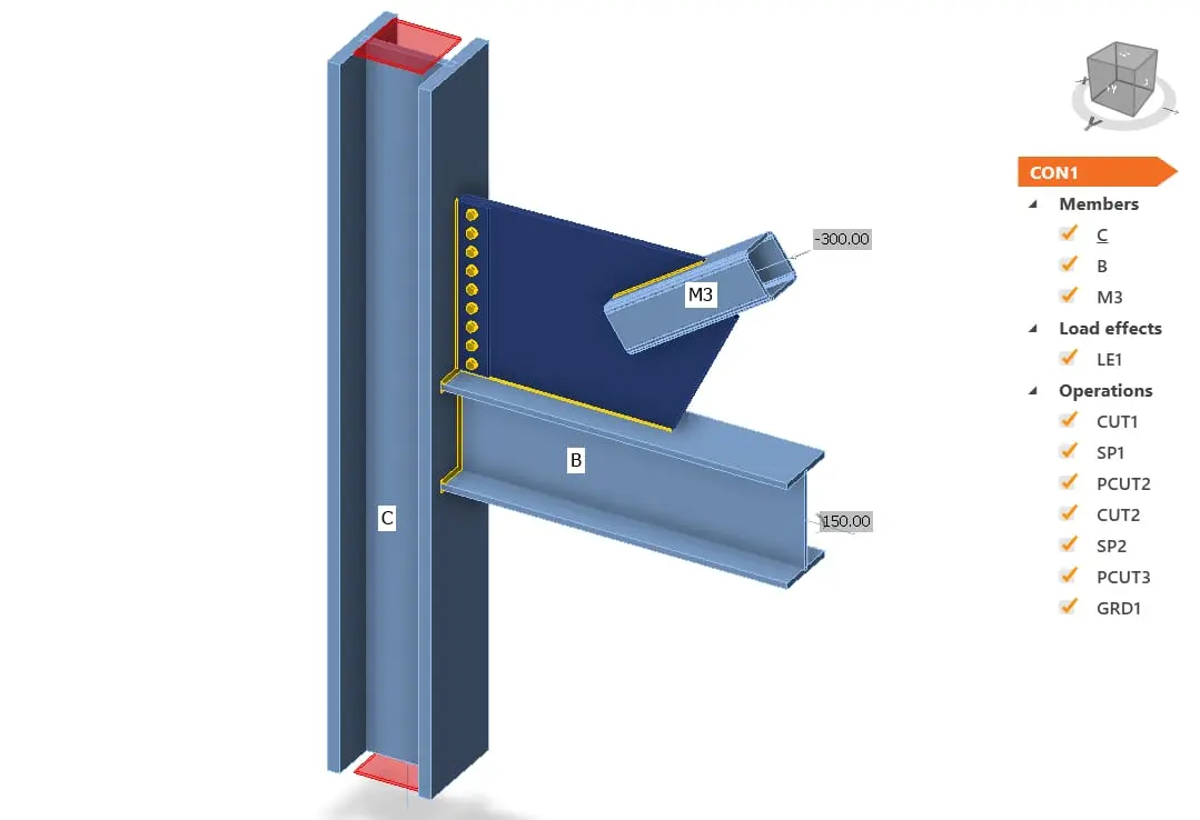 3D CAD modeli: SHS kutu profil çaprazın gusset levhayla kolona bağlantısı — kolona (C) ve kirişe (B) gusset levha üzerinden bulon bağlantısı, CON1 birleşim detayı