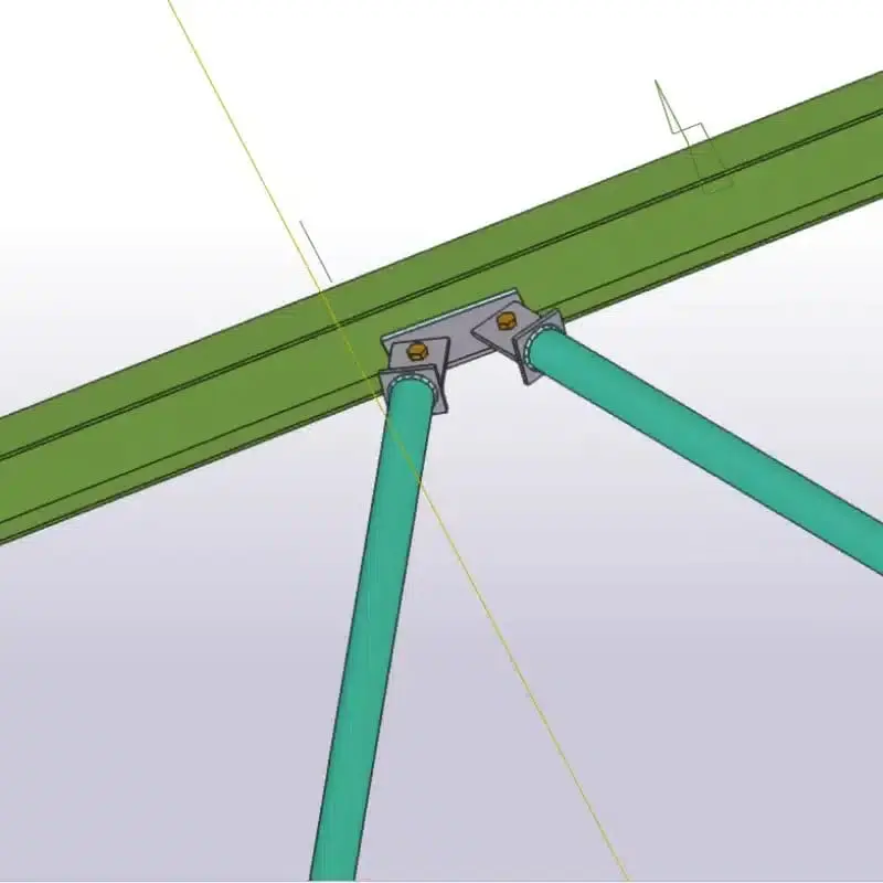 3D CAD modelinde V-tipi çaprazlı çerçeve: iki CHS boru çapraz orta noktada gusset levhayla kirişe bağlanmış, V tipi Chevron düğüm noktası