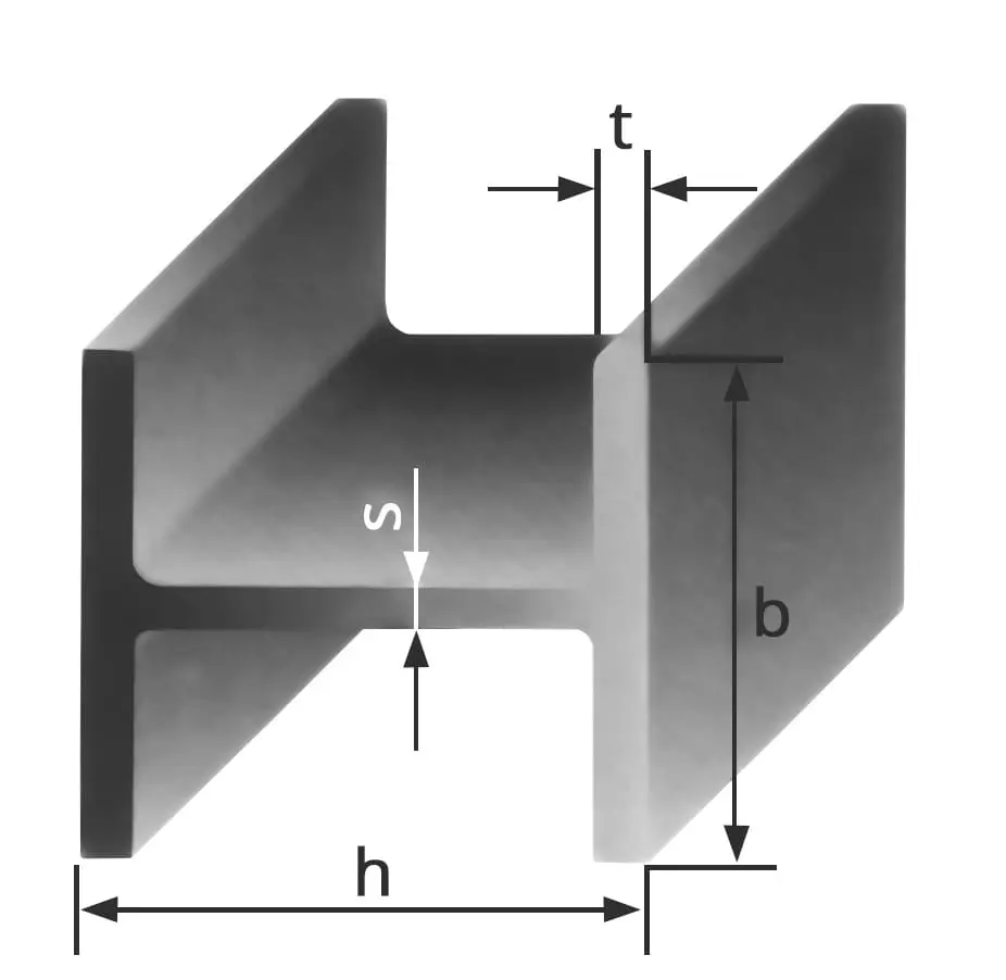 H-profil kesit geometrisi 3D perspektif çizimi — h (yükseklik), b (genişlik), t (başlık kalınlığı), s (gövde kalınlığı) etiketleriyle