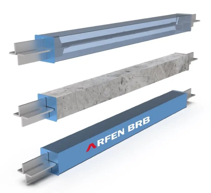 Burkulması önlenmiş çelik çapraz (BRB — Buckling-Restrained Brace) sisteminin patlatılmış görünümü. Üstten alta: çelik çekirdek, beton dolgu ve dış çelik kutu profil (ARFEN BRB markası). Üç katman birleşik çubuk olarak gösterilmektedir.