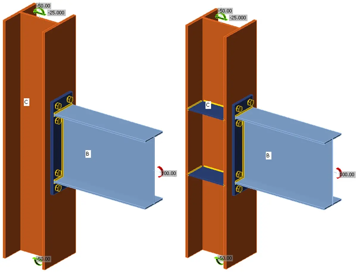 İki farklı kiriş-kolon bağlantısının karşılaştırmalı 3B CAD modeli. Solda: flanş alın levhası olmayan basit gövde plakası bağlantısı (mafsallı). Sağda: her iki flanşı boyunca uzanan stiffener levhalarıyla güçlendirilmiş moment aktaran alın levhası bağlantısı. Turuncu ve mavi profillerle C kolon ve B kiriş etiketlenmiştir.
