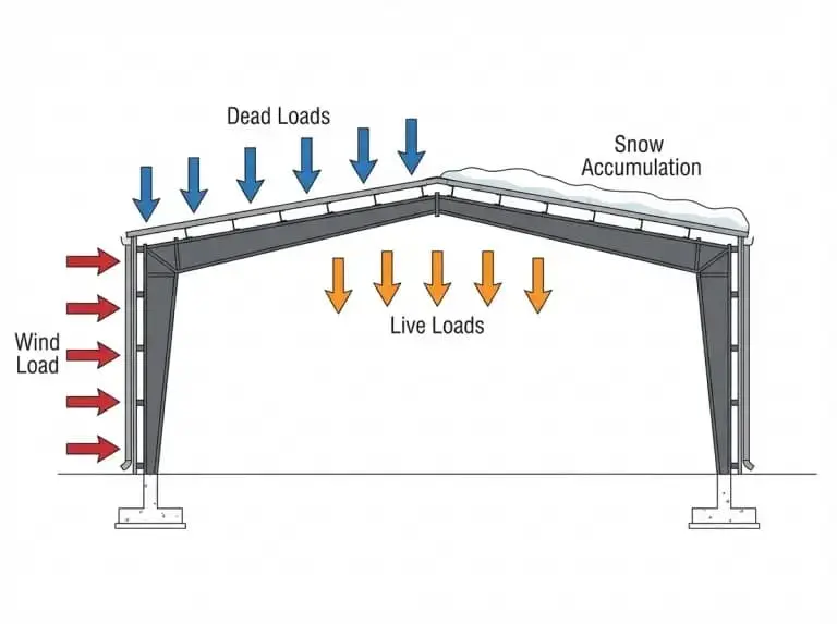 Portal çerçeve yük diyagramı — Dead Loads mavi, Live Loads turuncu, Wind Load kırmızı, Snow Accumulation