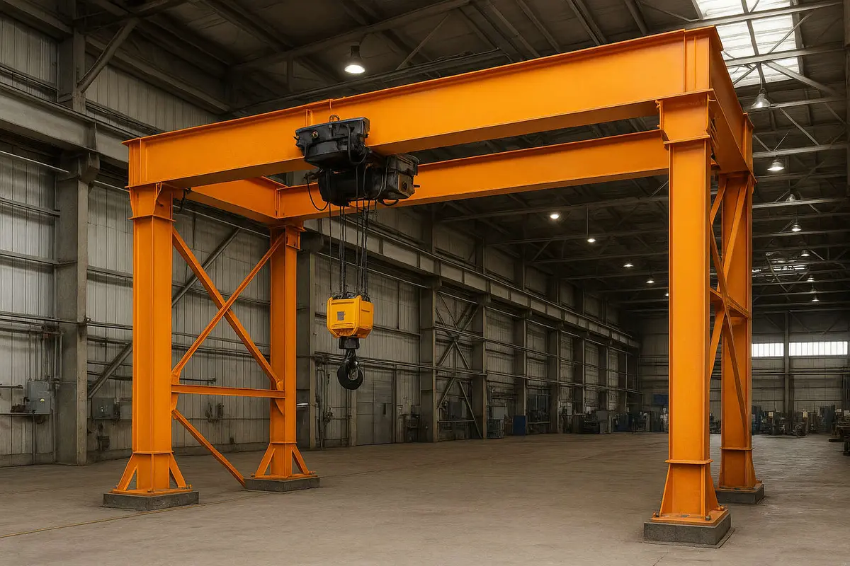 Turuncu boyalı köprülü portal kren (overhead crane) geniş endüstriyel depoda — TS EN 1993-6 kapsamı kren destek yapısı