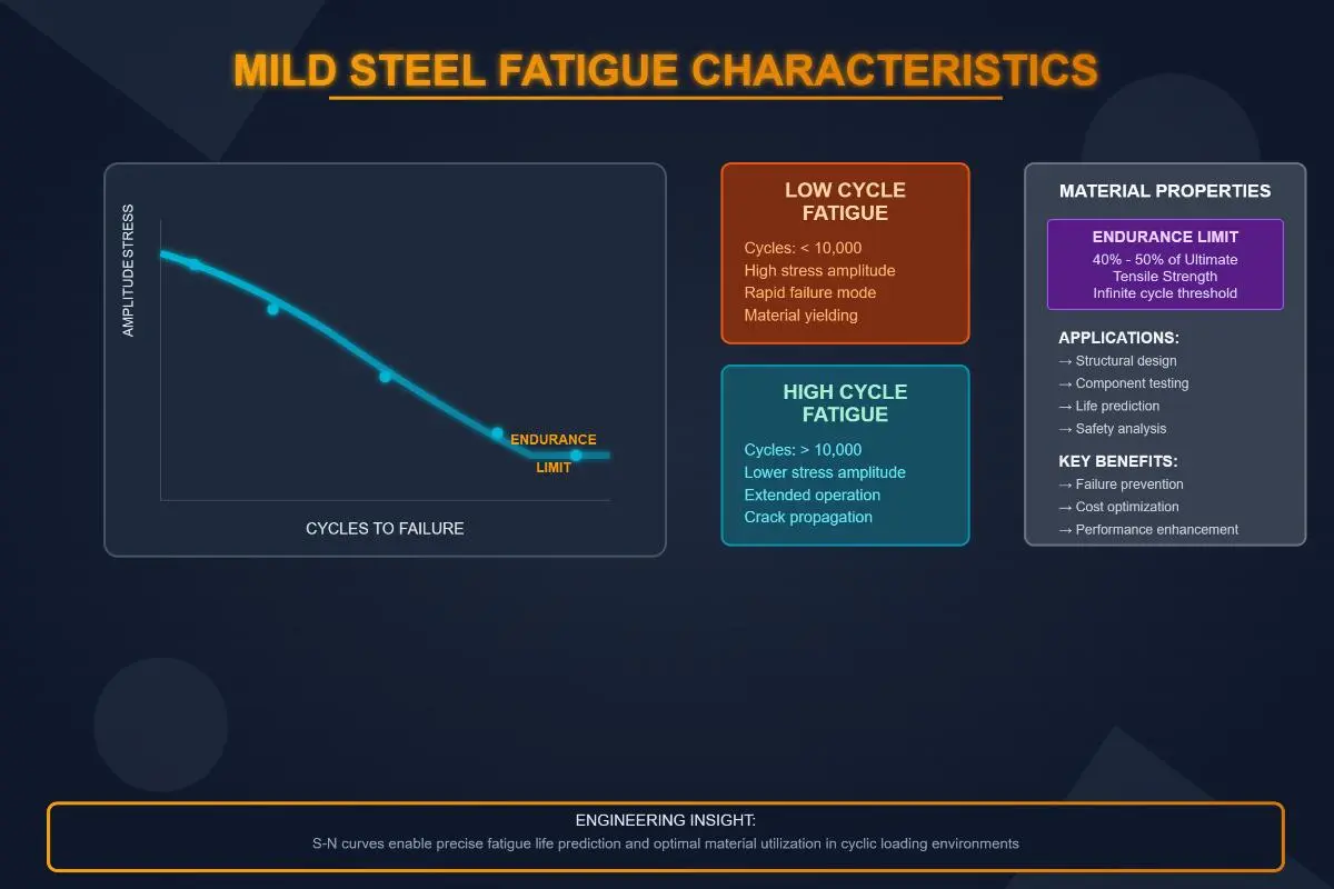 Mild steel S-N (Wöhler) eğrisi — düşük ve yüksek çevrimli yorulma bölgeleri, dayanıklılık sınırı (endurance limit)