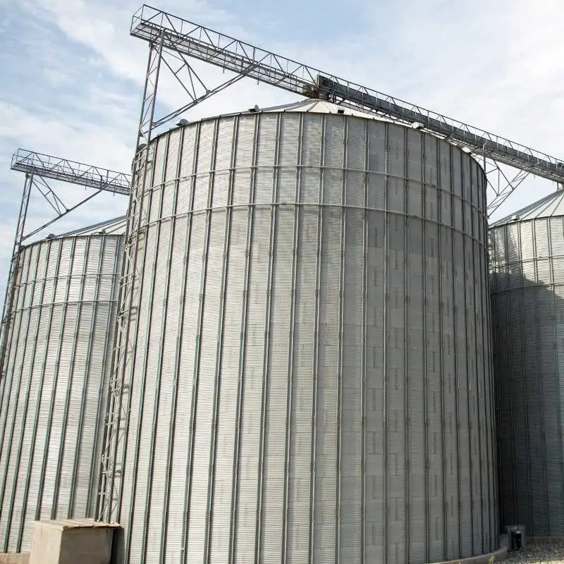 Büyük ölçekli galvanizli silindirik çelik silo; dikey yivli gövde kaplaması ve üstte konveyör sistemi görülmektedir