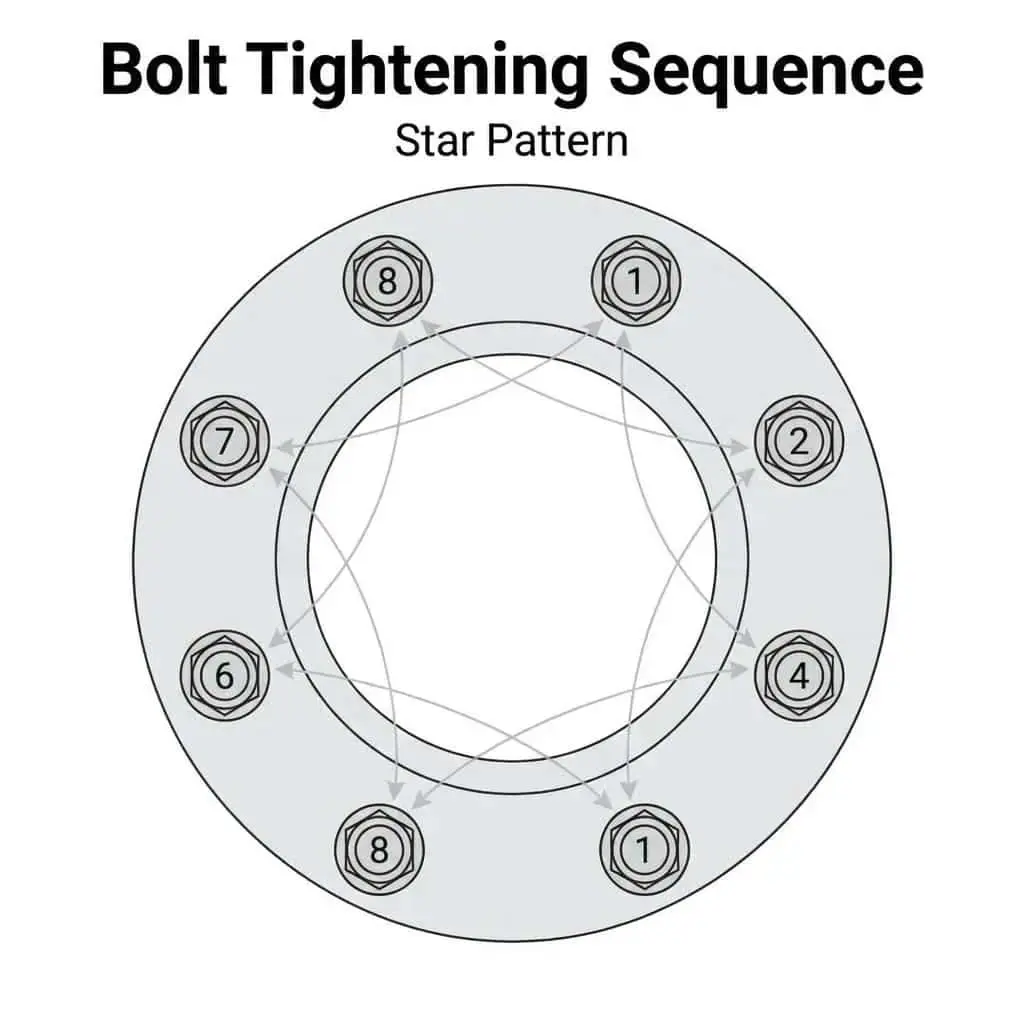 Bolt Tightening Sequence — Star Pattern diyagramı; 8 bulonun yıldız düzeninde çapraz sıkma sırası gösterilmektedir