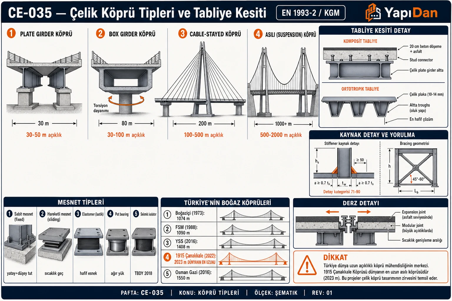CE-035 Çelik köprü tipleri ve tabliye kesiti — plate girder/box girder/cable-stayed/suspension yan görünüm, komposit ve orthotropic tabliye kesiti, 5 mesnet tipi (fixed/sliding/pot/elastomer/seismic isolator), Türkiye boğaz köprüleri ve expansion joint detayı