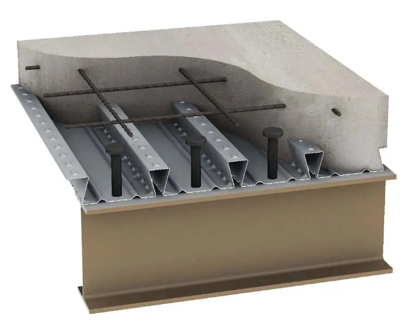 Bileşik çelik-beton kiriş 3D kesit görünümü — trapez profil sac, başlıklı dübel pimler, üst betonarme döşeme ve enine donatı