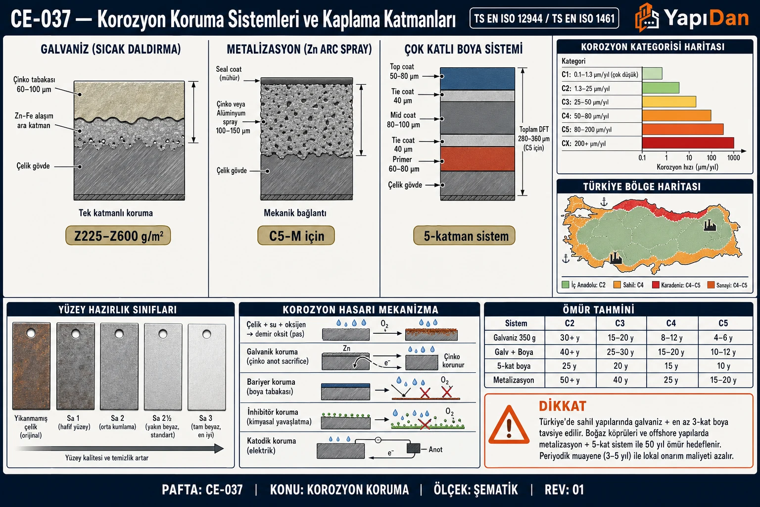 CE-037 Korozyon koruma sistemleri ve kaplama katmanları — galvaniz/metalizasyon/çok katlı boya enine kesit, ISO 12944 korozyon kategorisi haritası, Türkiye bölge haritası C2-C5, yüzey hazırlık Sa 1-Sa 3 ve ömür tablosu