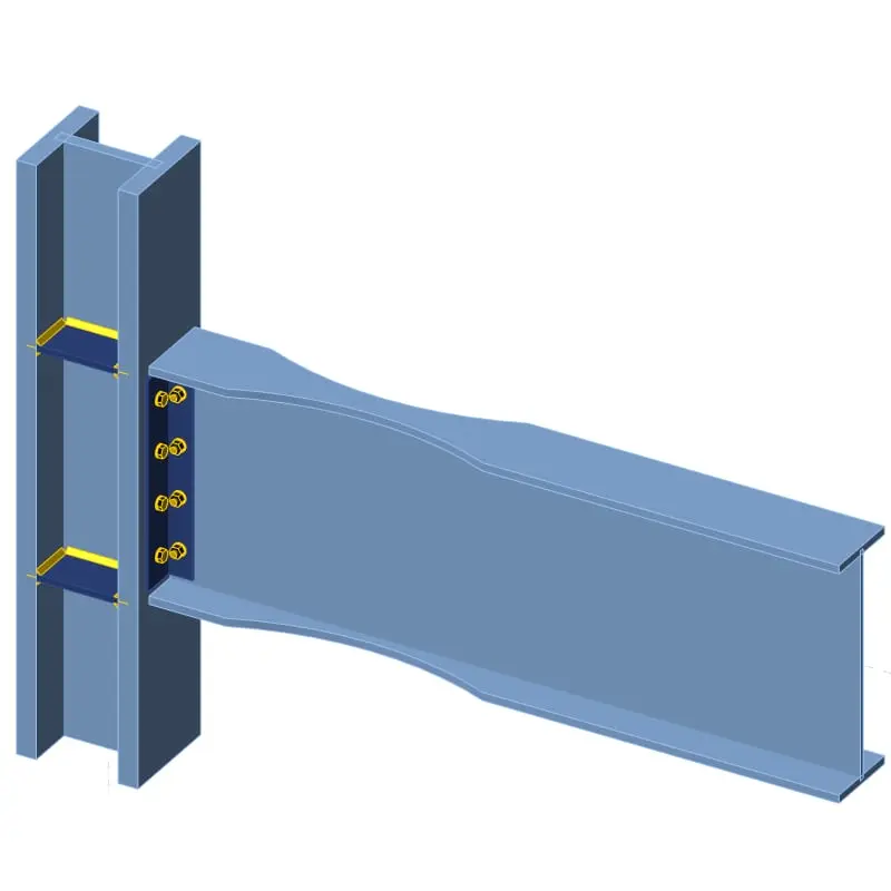 RBS (Azaltılmış Kiriş Kesiti) moment bağlantısı 3D CAD modeli — köpek kemiği şeklinde kiriş başlığı kesintisi ve bulon bağlantısı