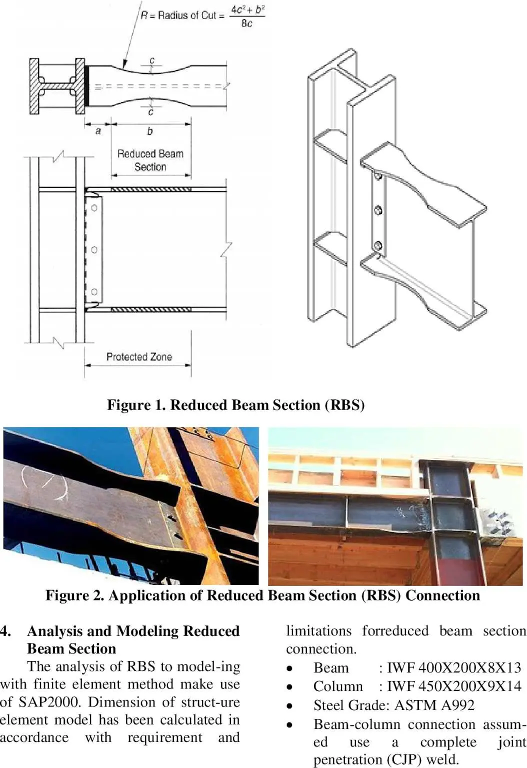 RBS bağlantısı geometri şeması ve uygulama fotoğrafı — a, b, c parametreleri ve korunmuş bölge gösterimi