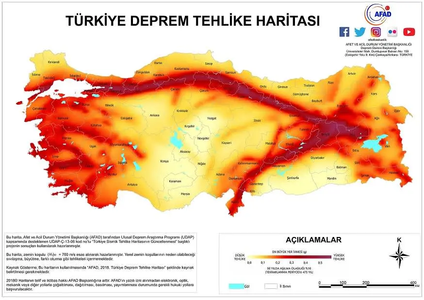 AFAD Türkiye Deprem Tehlike Haritası 2018 — açık sarıdan koyu kırmızıya renk skalasıyla PGA dağılımı, KAF ve DAF hatları boyunca yüksek tehlike bölgeleri