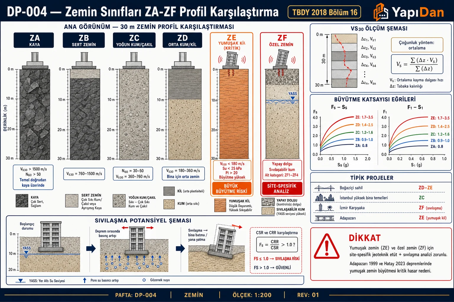 DP-004 Zemin sınıfları ZA-ZF profil karşılaştırması — 6 zemin profili yan yana 30m derinlik, Vs30 ölçüm, Fs/F1 büyütme eğrileri, sıvılaşma şeması, Türkiye tipik projeler