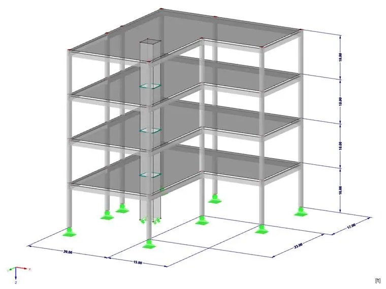 SAP2000/ETABS 4 katlı L-planlı 3D çerçeve modeli: gri kolon ve kirişler, yarı saydam döşeme plakaları, yeşil mesnet noktaları; ölçüler 20, 15, 23, 17 ft; kat yüksekliği 10 ft x 4; P-delta analiz için gömülü model
