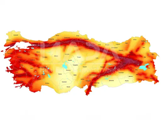 Türkiye deprem tehlike haritası: kırmızı-turuncu renk skalasıyla gösterilen sismik tehlike bölgeleri; Kuzey Anadolu Fayı ve Doğu Anadolu Fayı boyunca yüksek tehlike