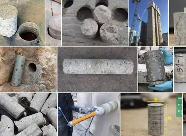 Karot alma sürecini gösteren fotoğraf kolajı: saha karot delme işlemi, çıkarılan karot numuneleri (çaplı silindirler), karot boyut parametreleri (D ve H ölçümleri), kırık karot parçaları ve Schmidt çekici uygulaması