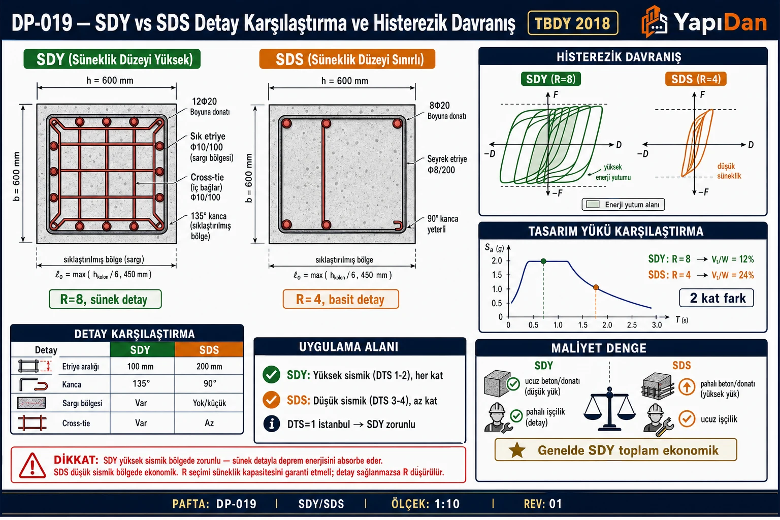 DP-019 SDY vs SDS detay karşılaştırma — iki kolon kesiti (SDY 12Φ20 sık etriye Φ10/100, SDS 8Φ20 seyrek Φ8/200), histerezik davranış, tasarım yükü karşılaştırma, detay tablosu