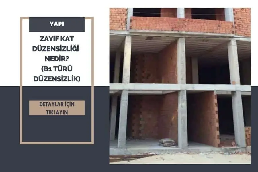 B1 Tipi Zayıf/Yumuşak Kat Düzensizliği infografik ve gerçek fotoğraf: açık zemin katlı inşaat aşamasındaki bina