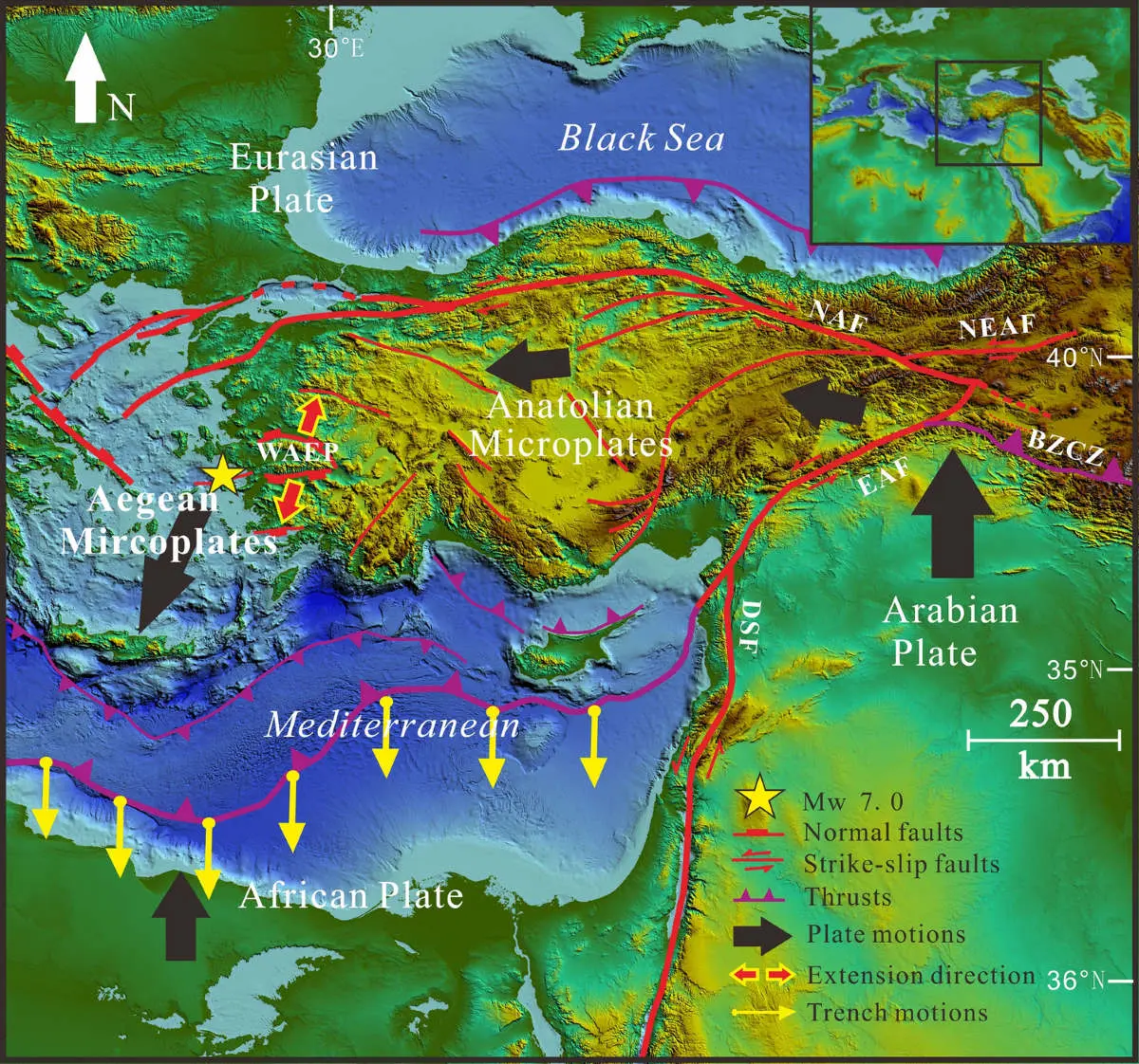 Anadolu Plakası tektonik haritası: Avrasya, Arabistan, Afrika plakaları arasındaki KAF, DAF ve Ege fay sistemleri