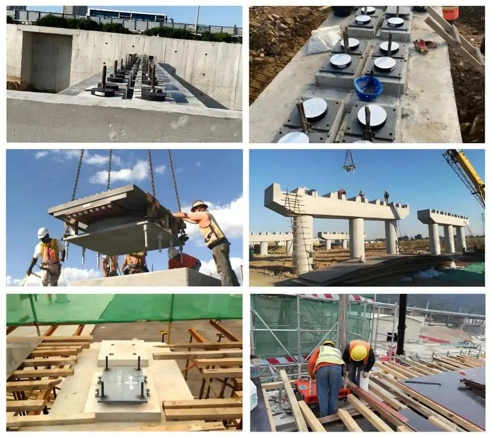 Sismik izolatör montaj süreci çoklu fotoğraf: üstte beton sütunlar üzerine yerleştirilmiş izolatörler ve hazırlanmış ankraj plakaları, ortada beton panelin vinçle taşınması ve köprü inşaat alanı, altta izolatör alt plakaları ve işçiler.