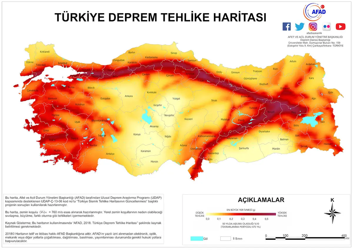 Türkiye Deprem Tehlike Haritası (AFAD 2018): Marmara, Ege ve Doğu Anadolu'nun yüksek sismik tehlike bölgeleri