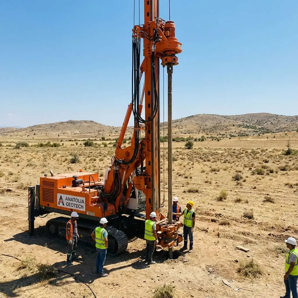 Kurak arazi koşullarında rotary sondaj makinesiyle zemin etüdü sondajı yapılıyor — arka planda geniş düzlük arazi