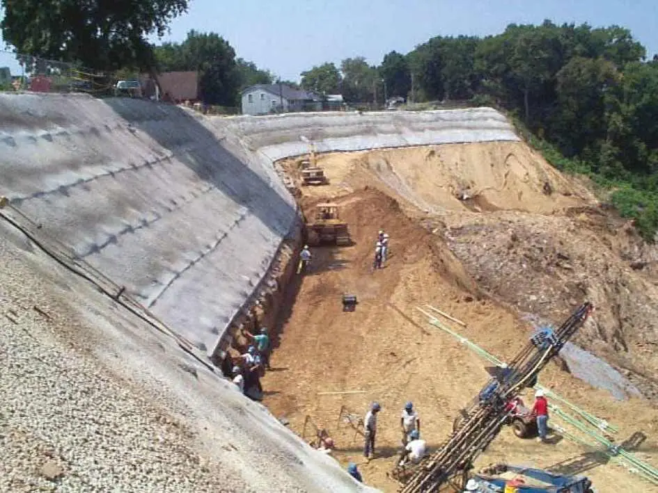 Shotcrete uygulamalı şev stabilizasyon şantiyesi: sol taraf shotcrete kaplamalı bitmiş şev, sağ taraf açık kazı, iş makineleri ve işçiler görülmektedir