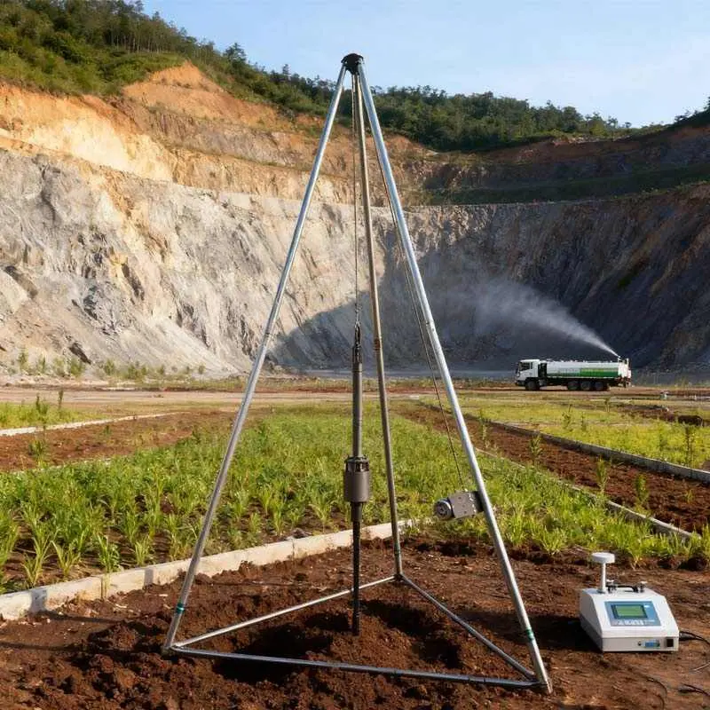 SPT tripod düzeneği açık arazide kurulu: çelik tripod, tokmak mekanizması ve elektronik kayıt ünitesi; arka planda taş ocağı şevi ve su tankeri görülüyor