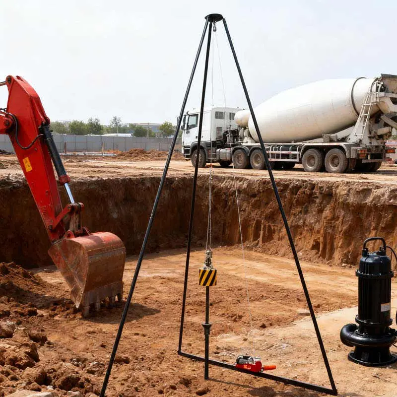 İnşaat şantiyesinde SPT tripod: ekskavatör ve beton mikseri arka planda, tripod önde, su pompası sağda; kazı çukuru içinde zemin araştırması yapılıyor