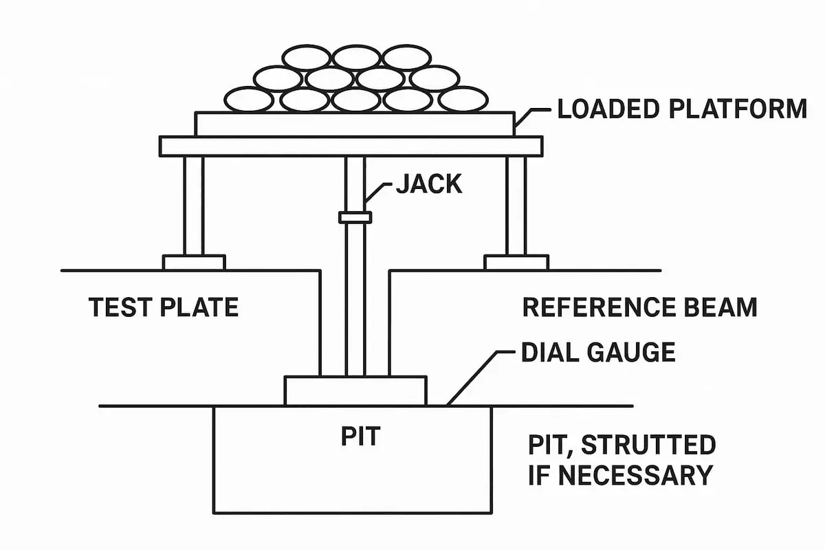Plaka yükleme deneyi (PLT) düzeneği teknik şeması — yükleme platformu, hidrolik kriko (jack), test plakası, referans kirişi, dial gauge deplasman ölçer ve çukur (pit) sistemi, TS 5744:1988 standardına göre