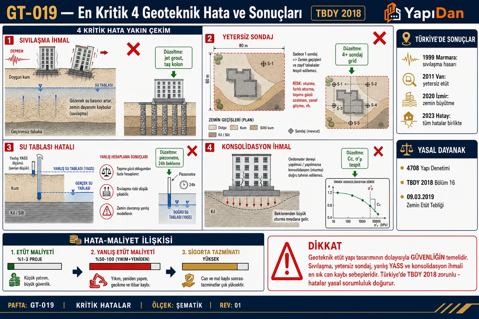 GT-019 En kritik 4 geoteknik hata — sıvılaşma ihmal, yetersiz sondaj, su tablası hatalı, konsolidasyon ihmal görselleri ve sonuçları