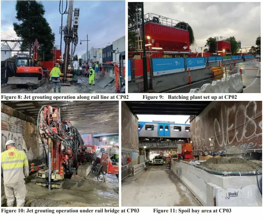 Demiryolu köprüsü altında kentsel derin kazıda jet grouting operasyonu — çelik parmaklıklı duvarlar arasında dar alanda kırmızı delgi makinesi çalışıyor; sağ üst köşede çimento karıştırma tesisi ve spoil konteyneri görünüyor
