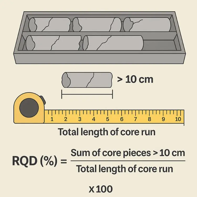 RQD hesaplama infografiği: üstte karot sandığı, ortada 10 cm'den uzun parçayı ölçen şerit metre, altta formül — RQD(%) = 10 cm'den uzun parçalar toplamı / toplam karot boyu × 100