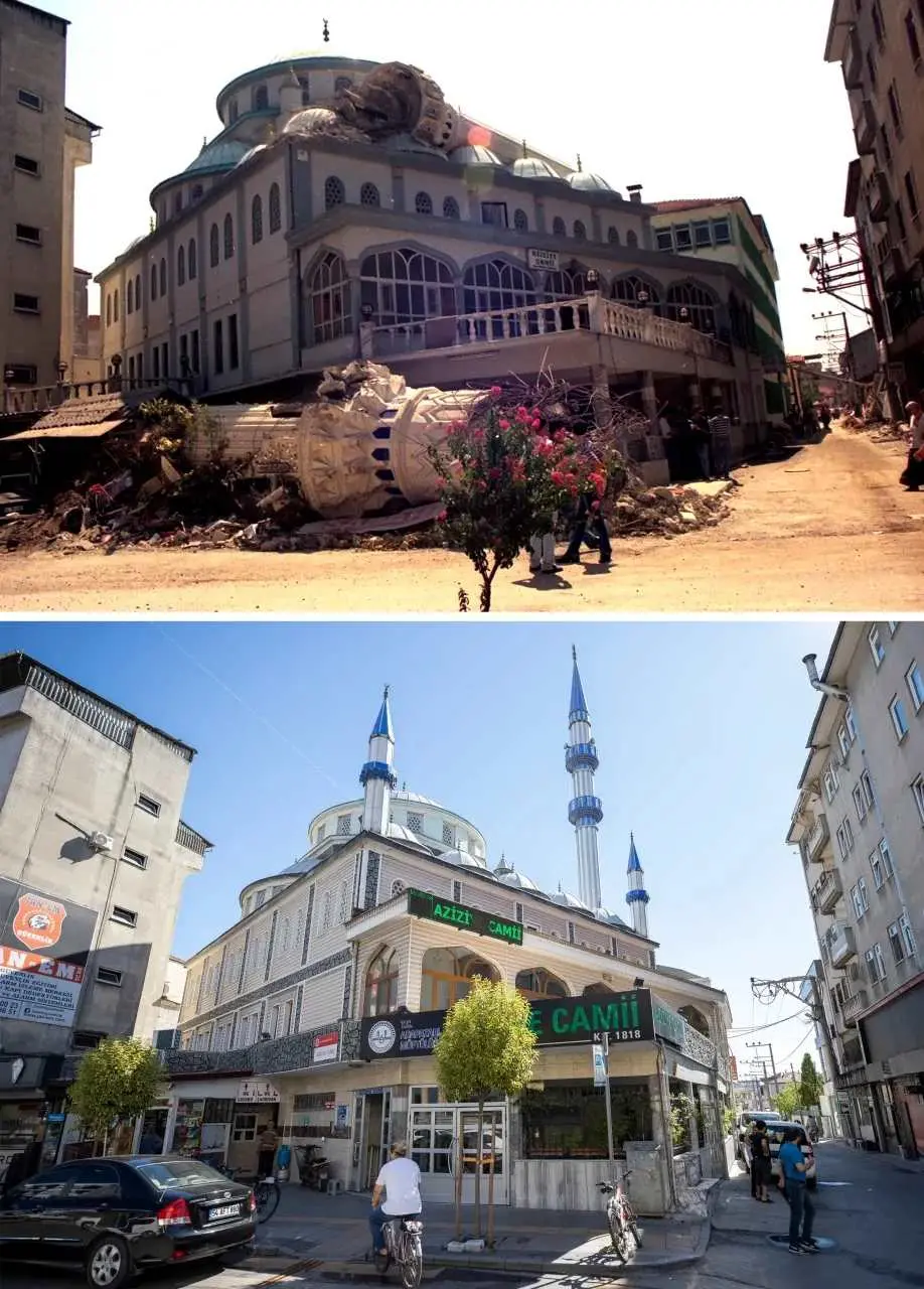 1999 Marmara Depremi sonrası Adapazarı'nda sıvılaşma hasarı (üst) ve aynı alanın günümüzdeki görünümü (alt): caminin beden duvarları çökmüş, zemin tamamen yitirilmiş